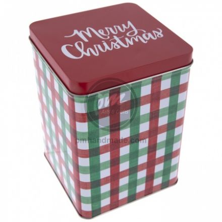 Hộp thiếc chữ nhật sọc xanh lá/đỏ 13.8x13.8x18.7 cm